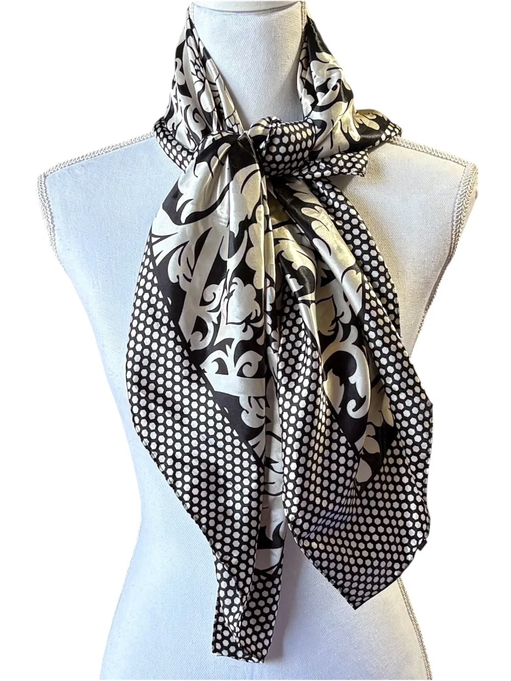 MOSI Satin Like Scarf Black & Cream Floral Damask Print